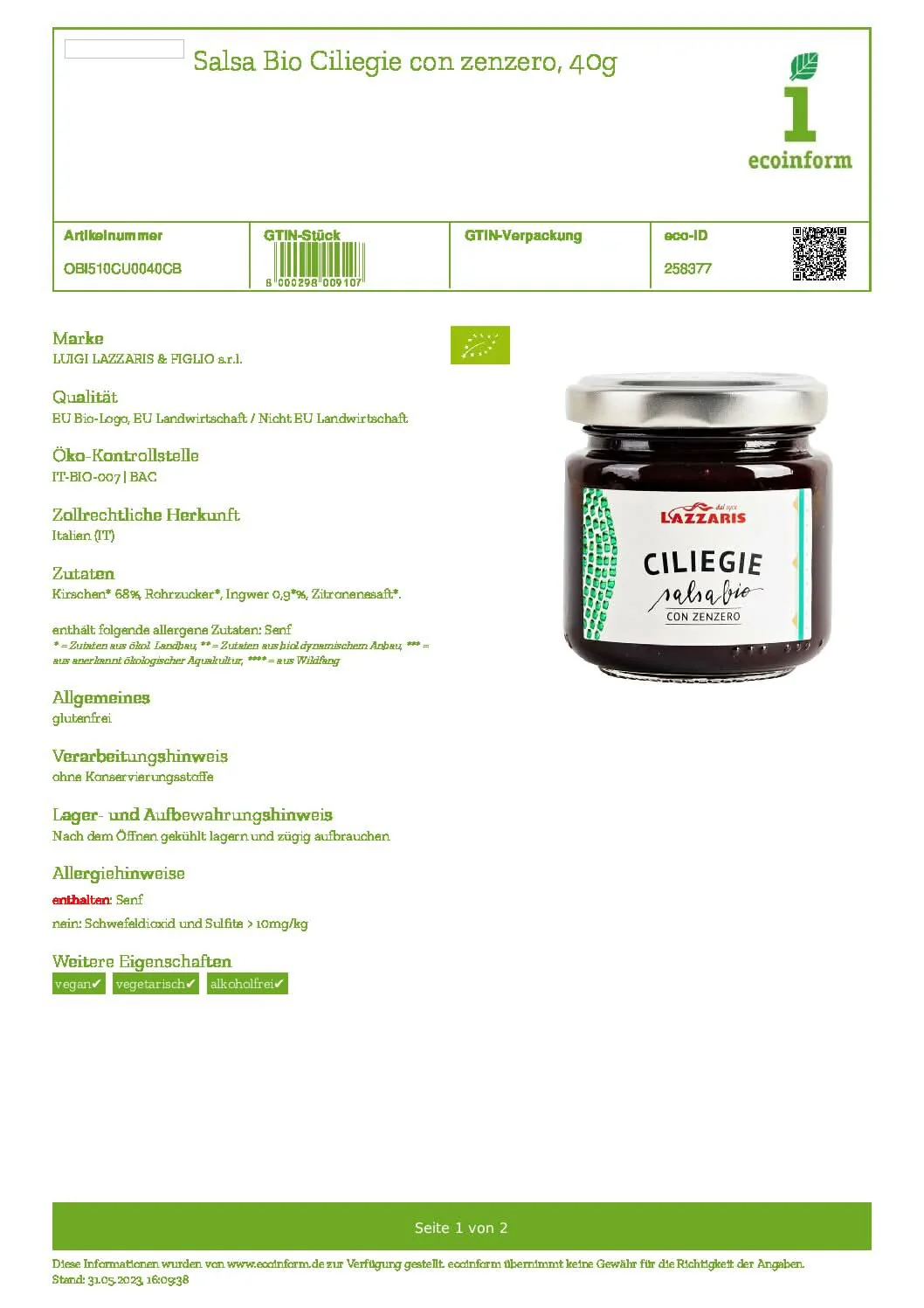 Kirsch-Ingwer-Sauce von Lazzaris Bio - Image 2