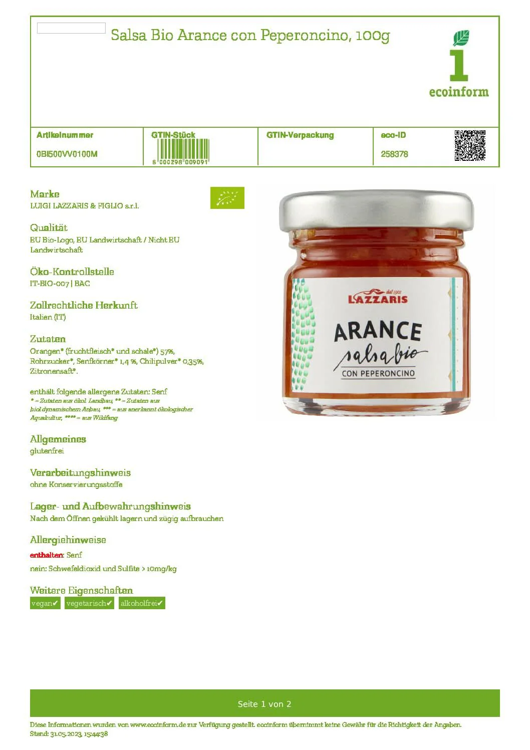 Orangen-Chili-Sauce von Lazzaris Bio - Image 2