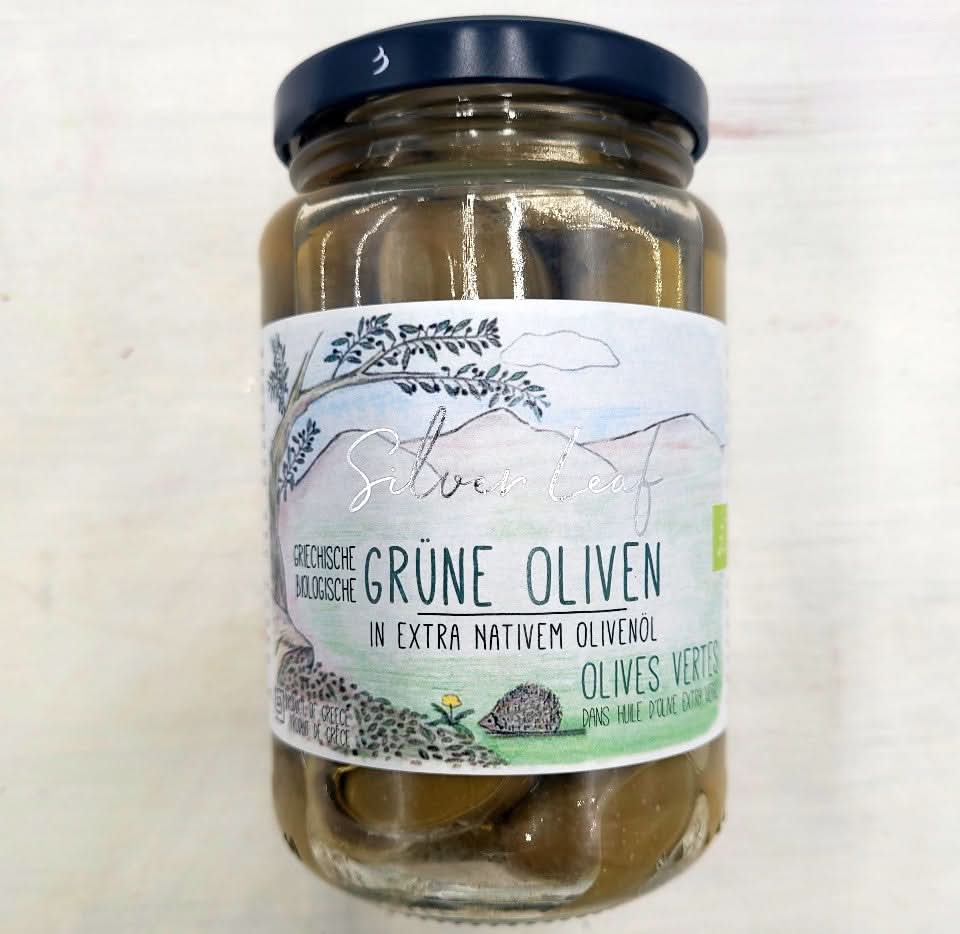 Silver Leaf - Bio Grüne große Oliven in nativem Olivenöl - Entsteint